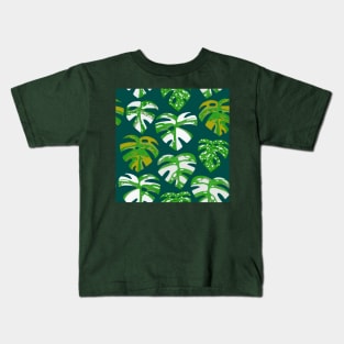 Variegated Monstera Pattern in Gouache-Teal Kids T-Shirt